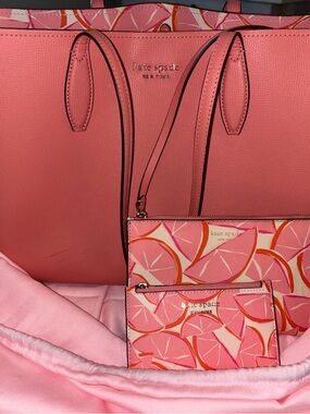 kate spade Coral Pink Tote with Citrus Print Pouch and Card Case